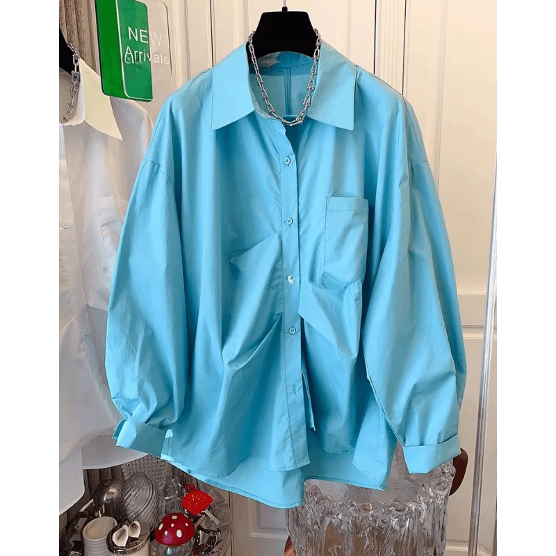 

Simplicity Pleated Irregular Patchwork Long Sleeve Blouse Female Casual Autumn Buttons Solid Color Turn-down Collar Women Shirts