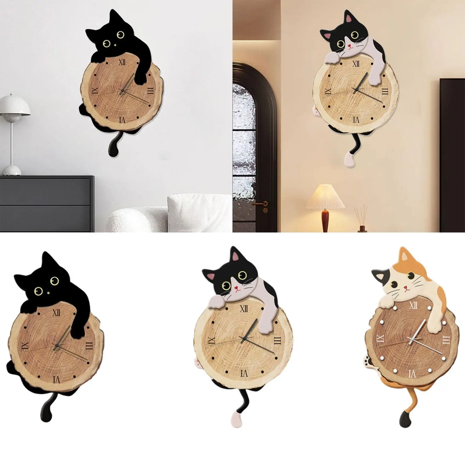 Cat Wall Hanging Clock with Swinging Tail Modern Pendulum Decorative Clock