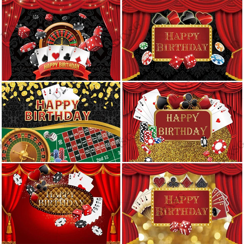 DIXSG Casino Party Photography Backdrop Las Vegas Poker Happy Birthday Red Curtain Banner Background Gold Photo Studio Props