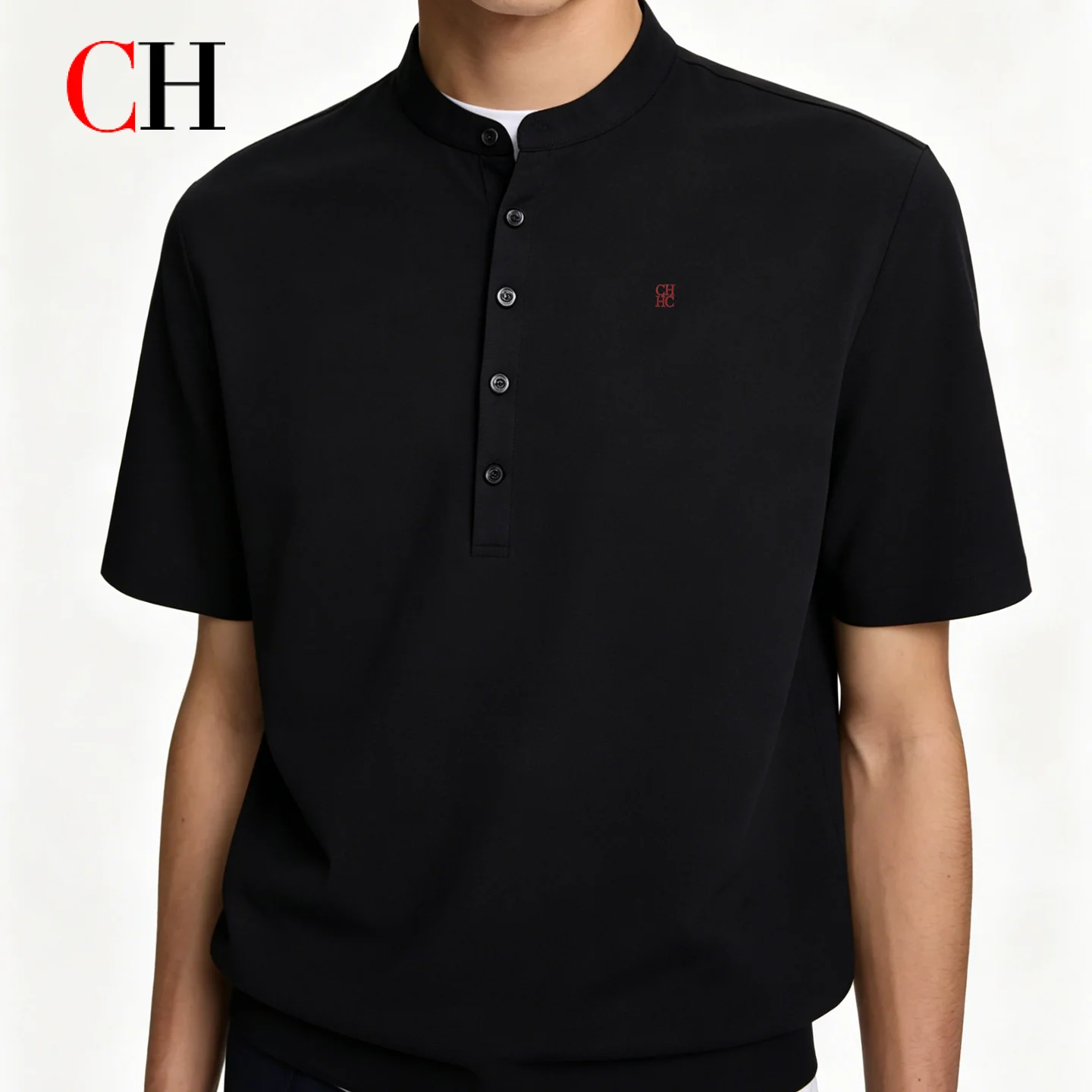 CH Mens Stand Collar Multi Button Half Placket Subtle Tone Letter Embroidery Curved Hem Short Sleeve Henley Versatile Men Top