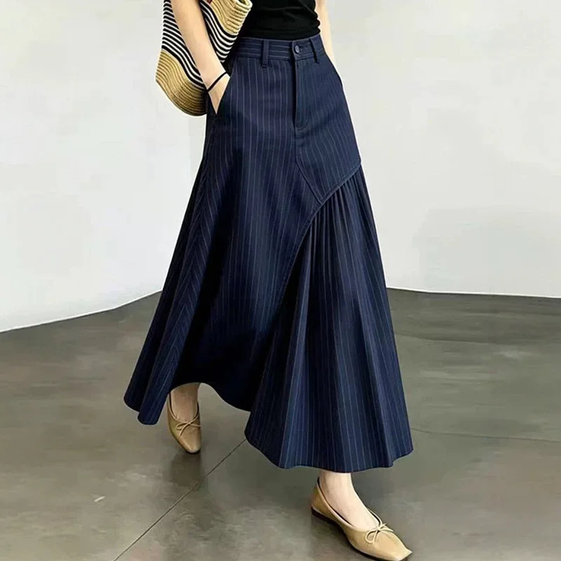 Women Navy Vertical Stripe Irregular Spliced Midi Skirt High Waist Wrap Pleated A Line Long Skirt Pockets Office Commuter Bottom