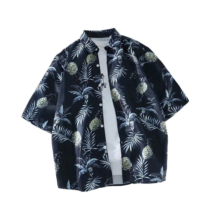 Retro Tree Leaf Pineapple Floral Short Sleeved Summer Versatile Unisex Beach Shirt