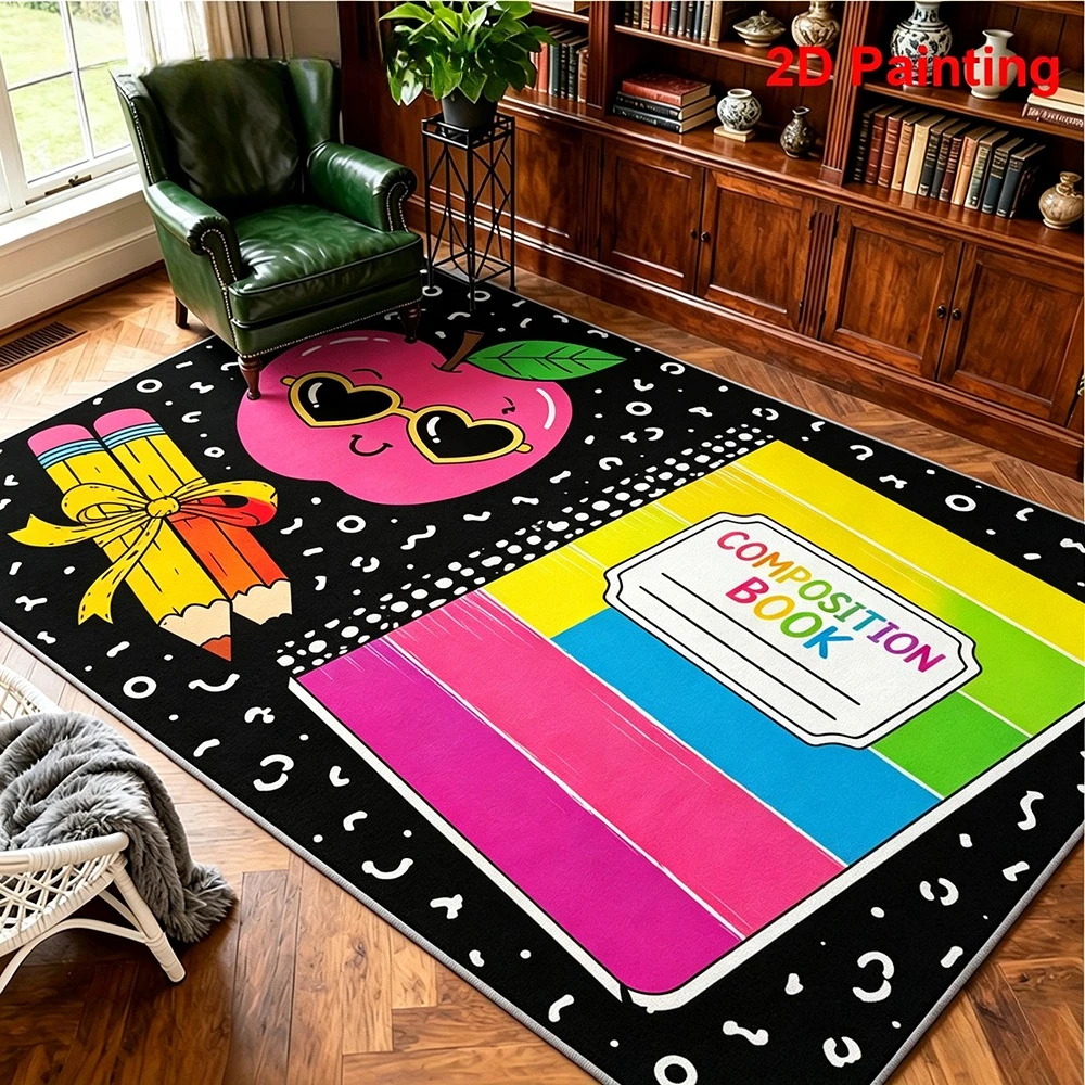 Composition Book Area Rug Cute Apple Pencil Colorful Stripes Teacher Classroom Style Bedroom Living Room Floor Carpet Mat Decor