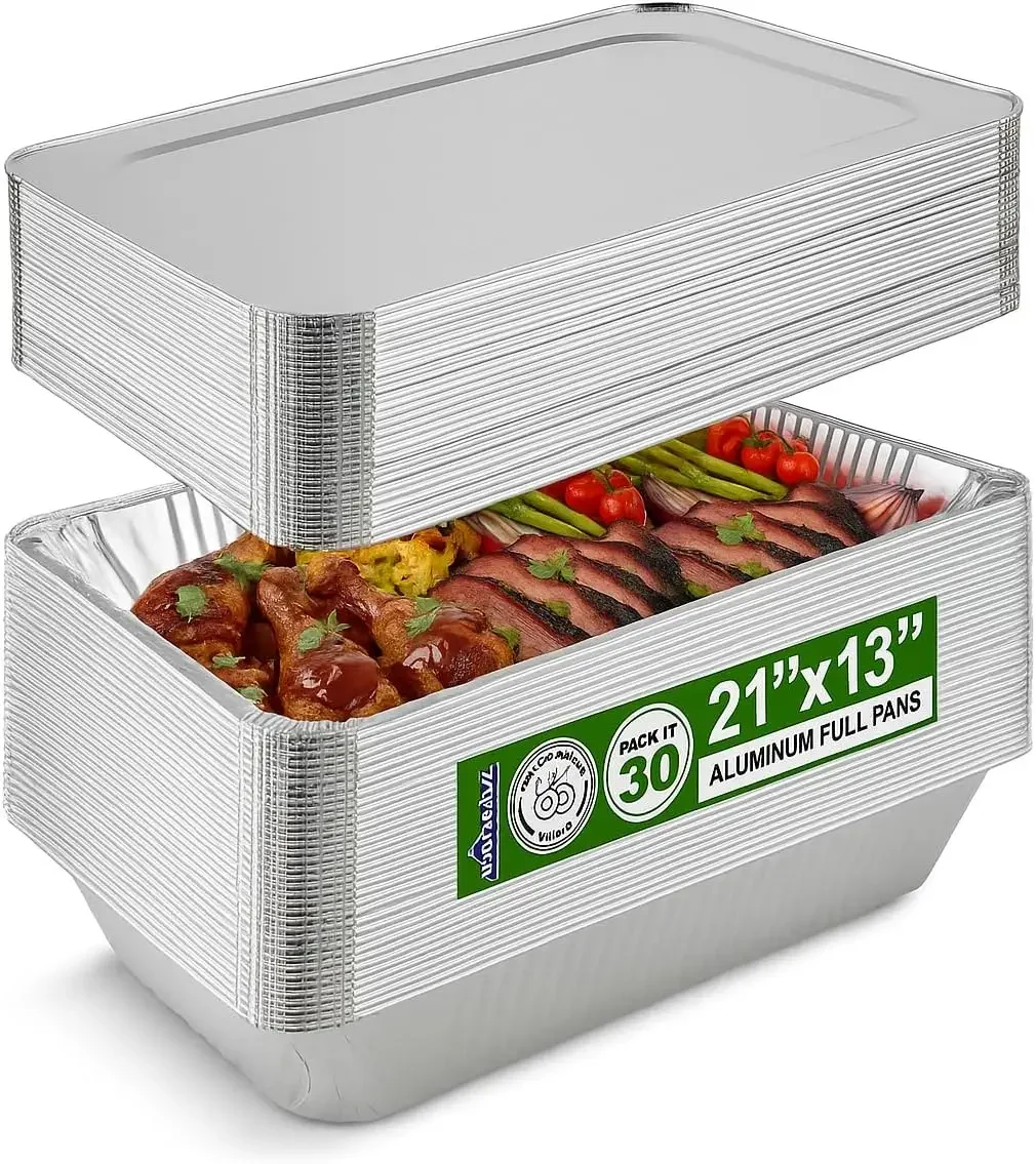 

Large Aluminum Pans With Lids Disposable Full Heavy Duty Roasting, Broiling, Baking, Catering Pans 21x13x3 (30, Full-Size w/Lids