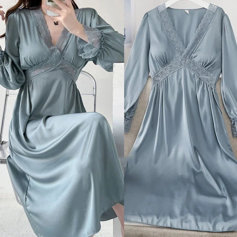 Women V-neck Long Nightgown Hollow Lace Sleepwear Home Dress Casual Sleepshirts Ladies Princess Nightwear Casual Satin Pajamas