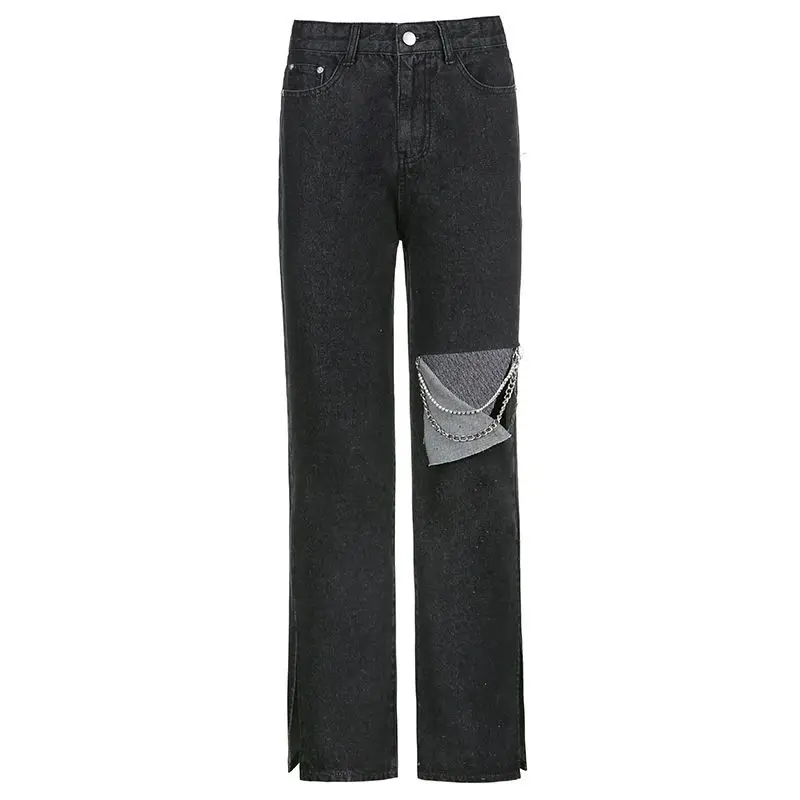 Micro-La Jeans With Holes And Split Chains Are Designed. High-Waist Female Long Jeans Are Slim And Versatile Casual Mop Pants