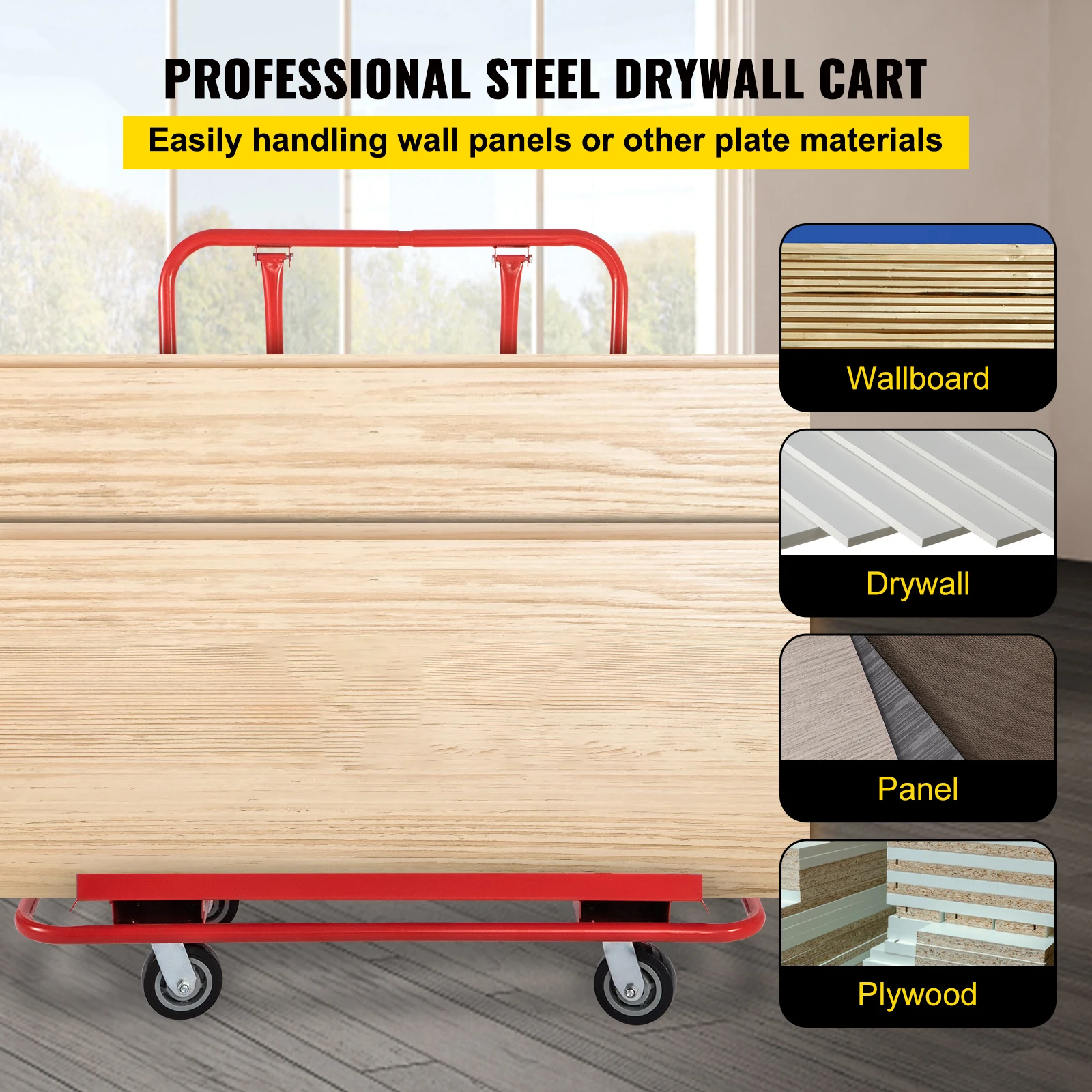 VEVOR-carrito de paneles de yeso de 45,3 "L × 21,7" W × 31,5 "H, carrito de láminas con capacidad de carga de 2200 LBS/1 tonelada, carrito resistente con cuatro ruedas de 5"