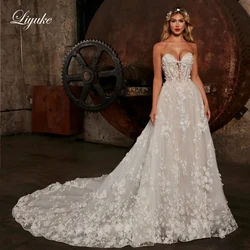 Liyuke Customize Strapless A-Line Wedding Dress Beading 3D Flowers Appliques Lace Customs made Off The Shoulder Bride Gowns