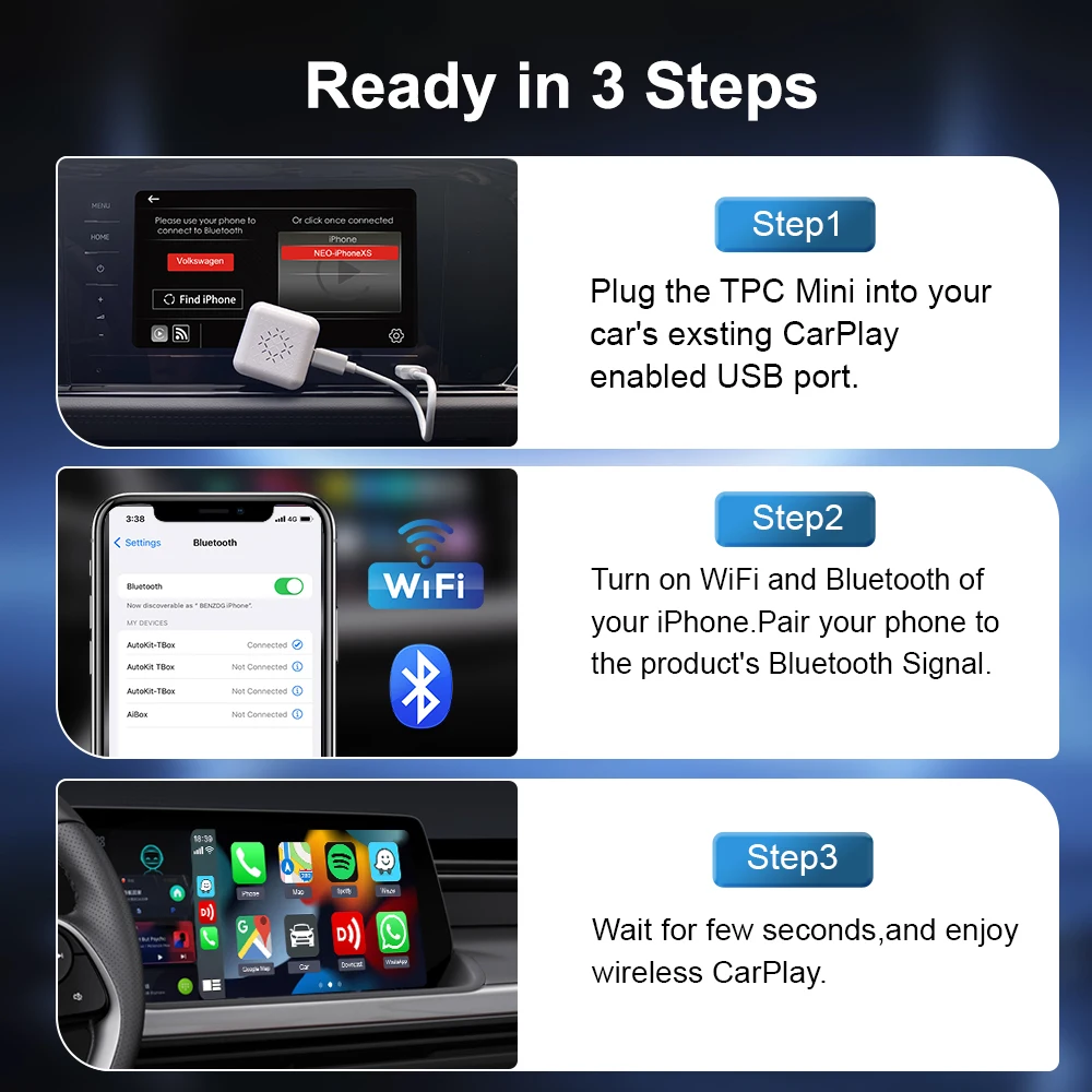 Carlinkit Wireless CarPlay Dongle Mini Adapter bezprzewodowy przewodowy do bezprzewodowego CarPlay Car Smart Box Plug And Play Waze Spotify iOS17