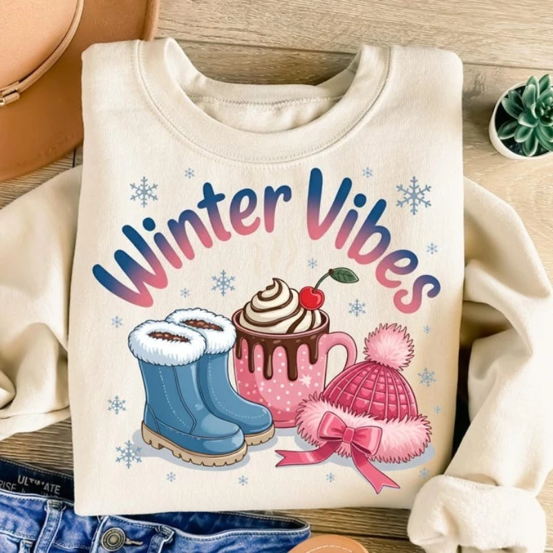

Winter Vibes, горячий шоколад, шапочка, сублимационный бант, уличная мода с круглым вырезом, осенне-зимняя термотолстовка с длинными рукавами