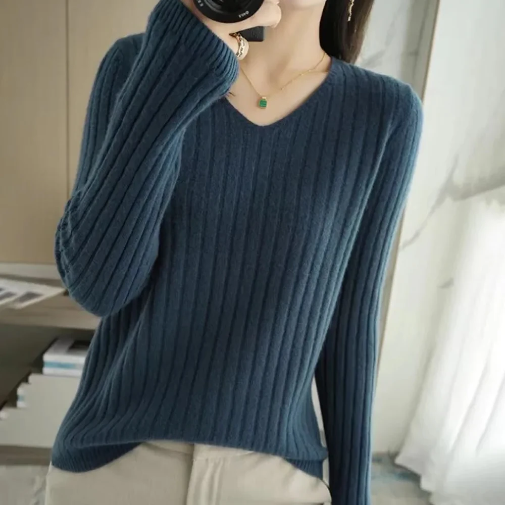 Screw Thread Stretch T Shirt Women Temperament Pullover Sweater Girl V neck Long Sleeve Sweaters Stretch T Shirt Top X-G-Xinde