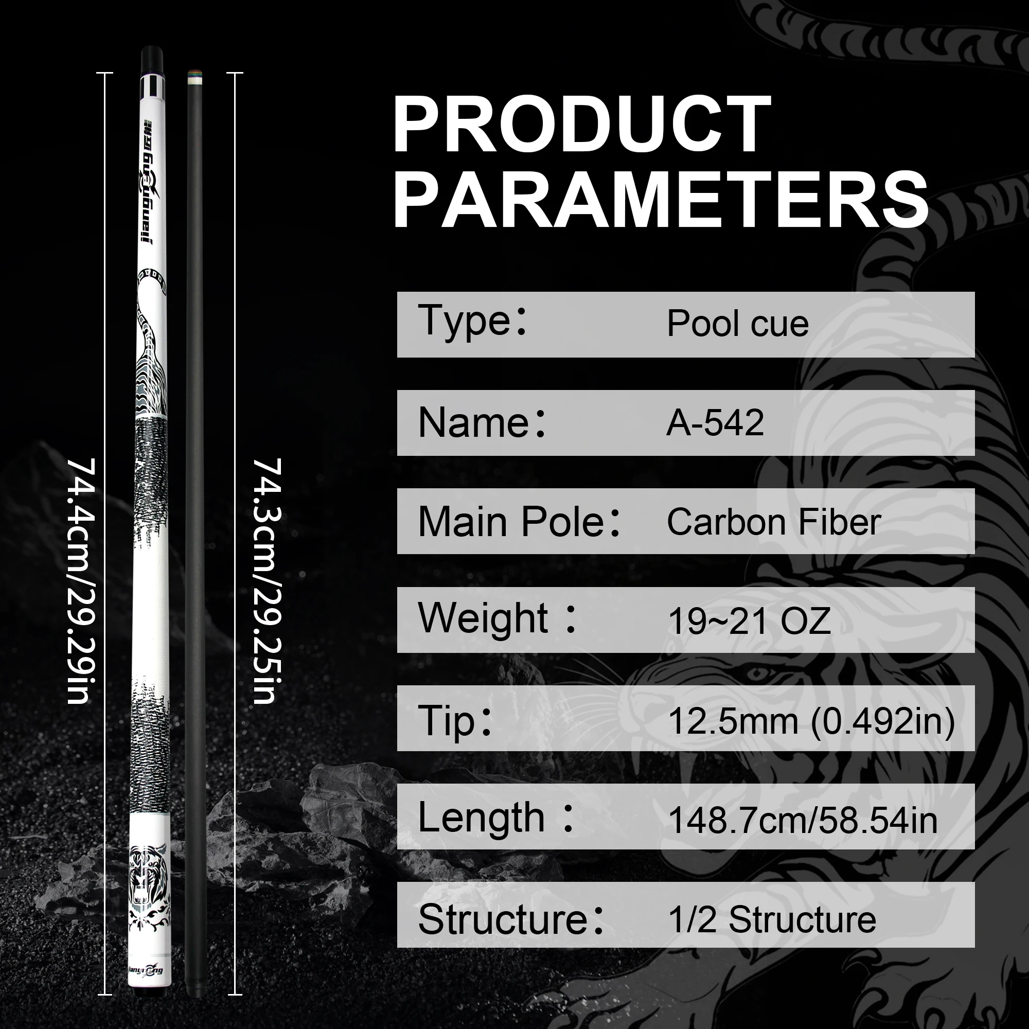 Carbon Fiber Pool Cue 12.5mm Tip 1/2 Uni-loc Joint Billiard Stick for Professional Players, Steady Touch and High Performance