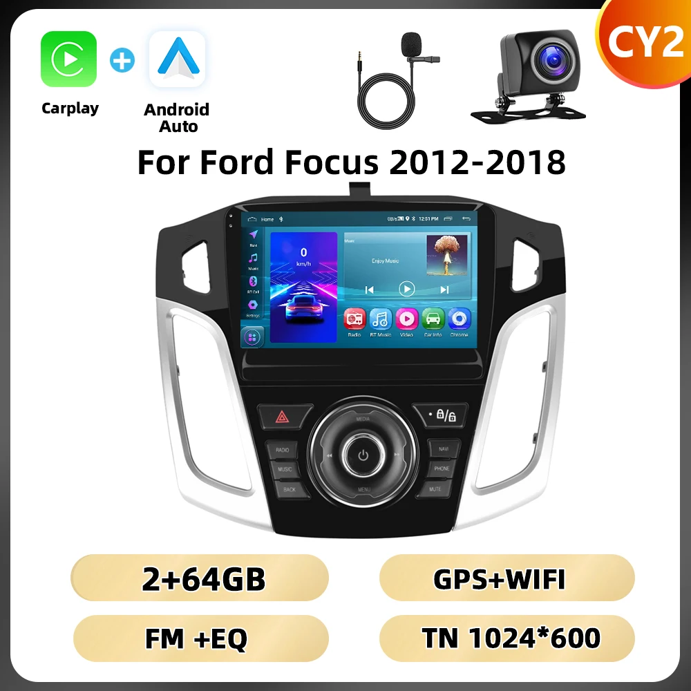 Podofo 2Din 8 + 128G Autoradio Voor Ford Focus 2012-2018 Multimedia Speler AI Voice WIFI 4G Carplay Android Auto USB Spiegel Link