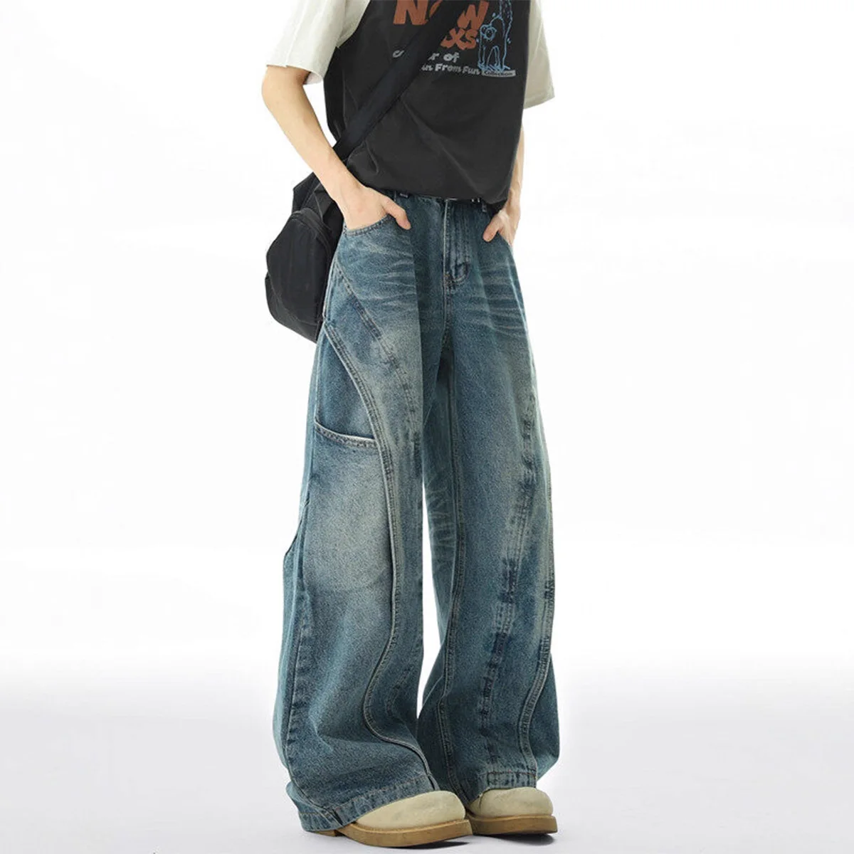 

American Deconstructive Washed Curved Knife Jeans Men's Trendy Brand New Loose Retro Design Straight Leg Wide Leg Long Pants