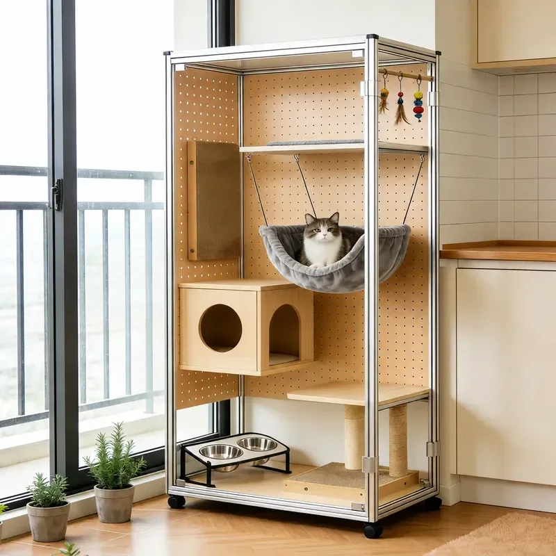 Birch Wood Cat Villa Large Space Aluminum Profile Cat House with Integrated Litter Box Solid Wood Pet Cage for Household Use