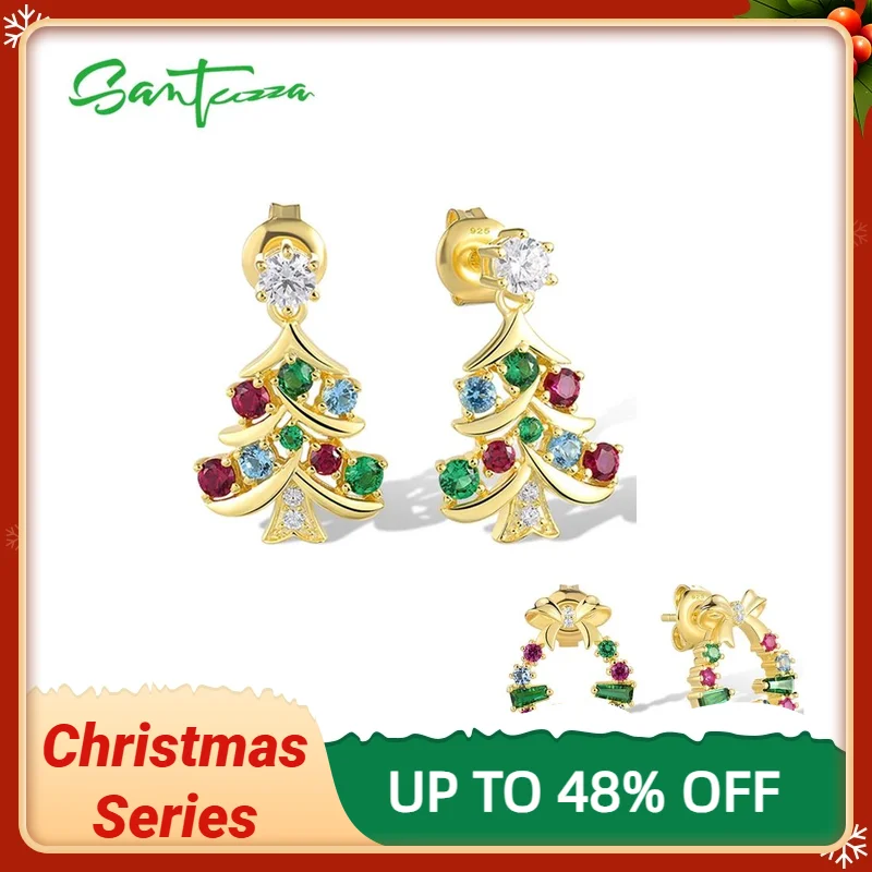 

SANTUZZA 925 Sterling Silver Earrings For Women Sparkling Christmas Tree & Wreath Green Red Gems Fun Festival Gifts Fine Jewelry