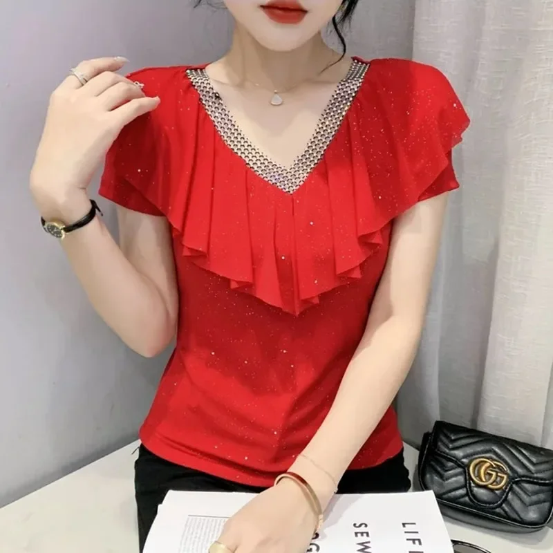 Elegant V-Neck Diamonds Hollow Out Ruffles Folds Blouse Female Clothing 2024 New Oversized Casual Tops Office Lady Shirt ZL742