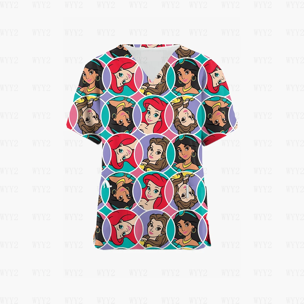 Verpleegstersjurk V-hals Zaktrui Werkuniform Print Disney Prinses Medische Verpleging Scrub Tops Dierenwinkel Verplegingskleding