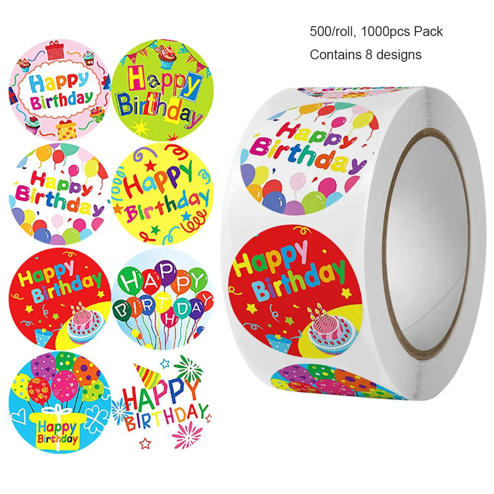 

1000pcs Happy Birthday Self-adhesive Stickers 8 patterns/roll For DIY Birthday Present Gift