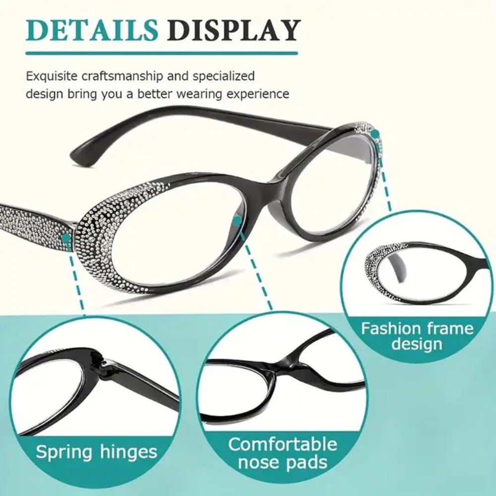 Spectacle Lens Power 0 +100 To +400 Anti Blue-ray Presbyopia Glasses Lightweight Rhinestone Farsightedness Reading Glasses Oval