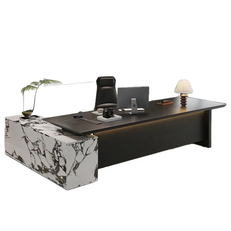 Black Italian minimalist solid wood boss desk with tea table integrated