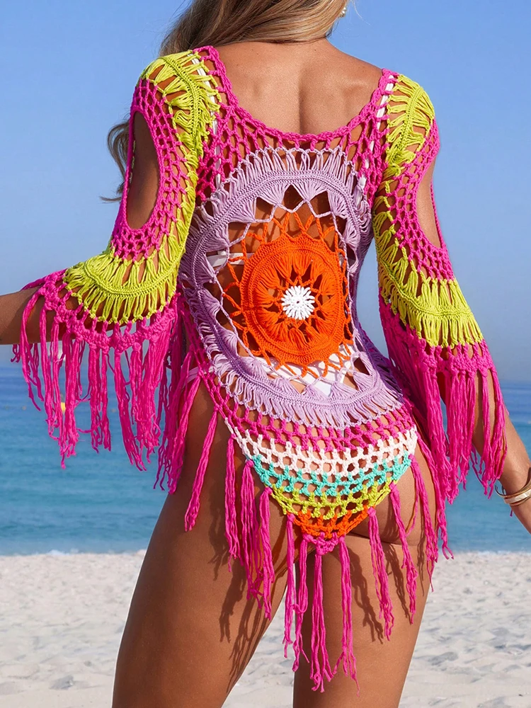 夏の女性用マルチクロシェビキニカバーアップ、透かし彫りタッセルトリム水着カバーアップ、水着ビーチウェアチュニックビーチドレス