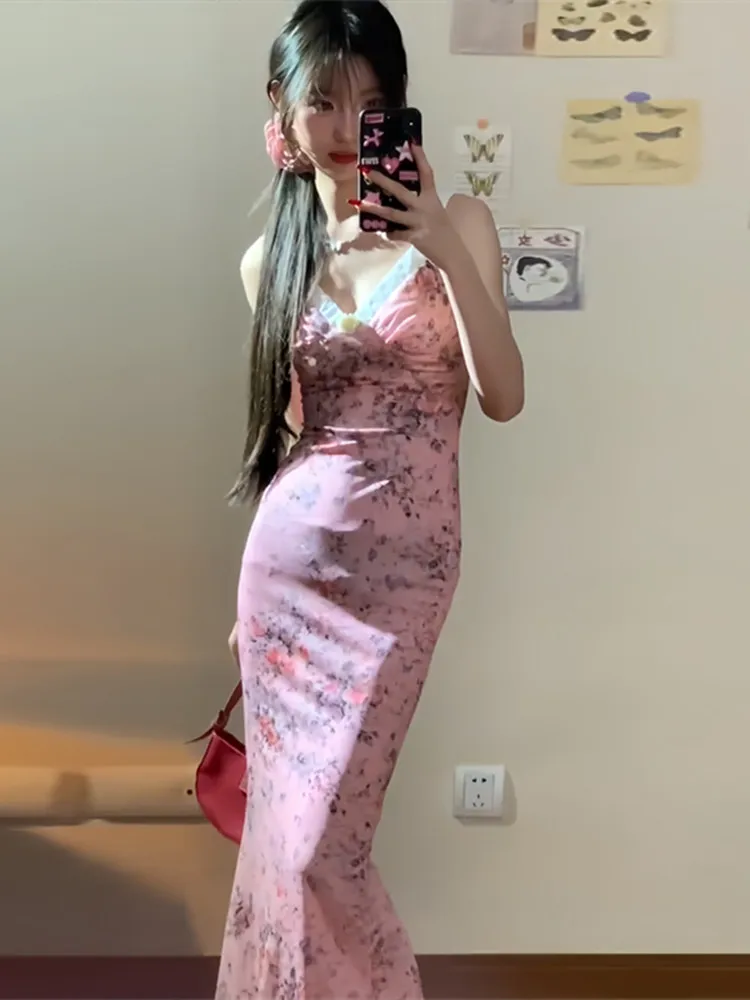 

Длинное облегающее платье Pure Desire с розовым цветочным принтом без бретелек, женское летнее модное платье с завышенной талией