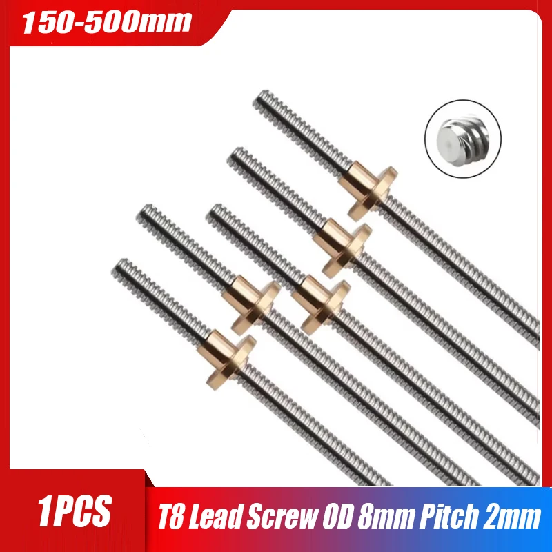 T8 Lead Screw With Brass Nut OD 8mm Pitch 2mm Lead 2mm/8mm 150mm 200mm 250mm 300mm 330mm 350mm 400mm 500mm For Reprap 3D Printer