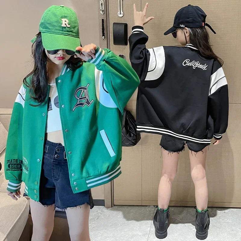 Autumn Girls Spring Single-breasted Alphabet Embroidery Sweat Varsity Jackets School Kids Track Coats Child Outfit Tops 5-16 Yrs