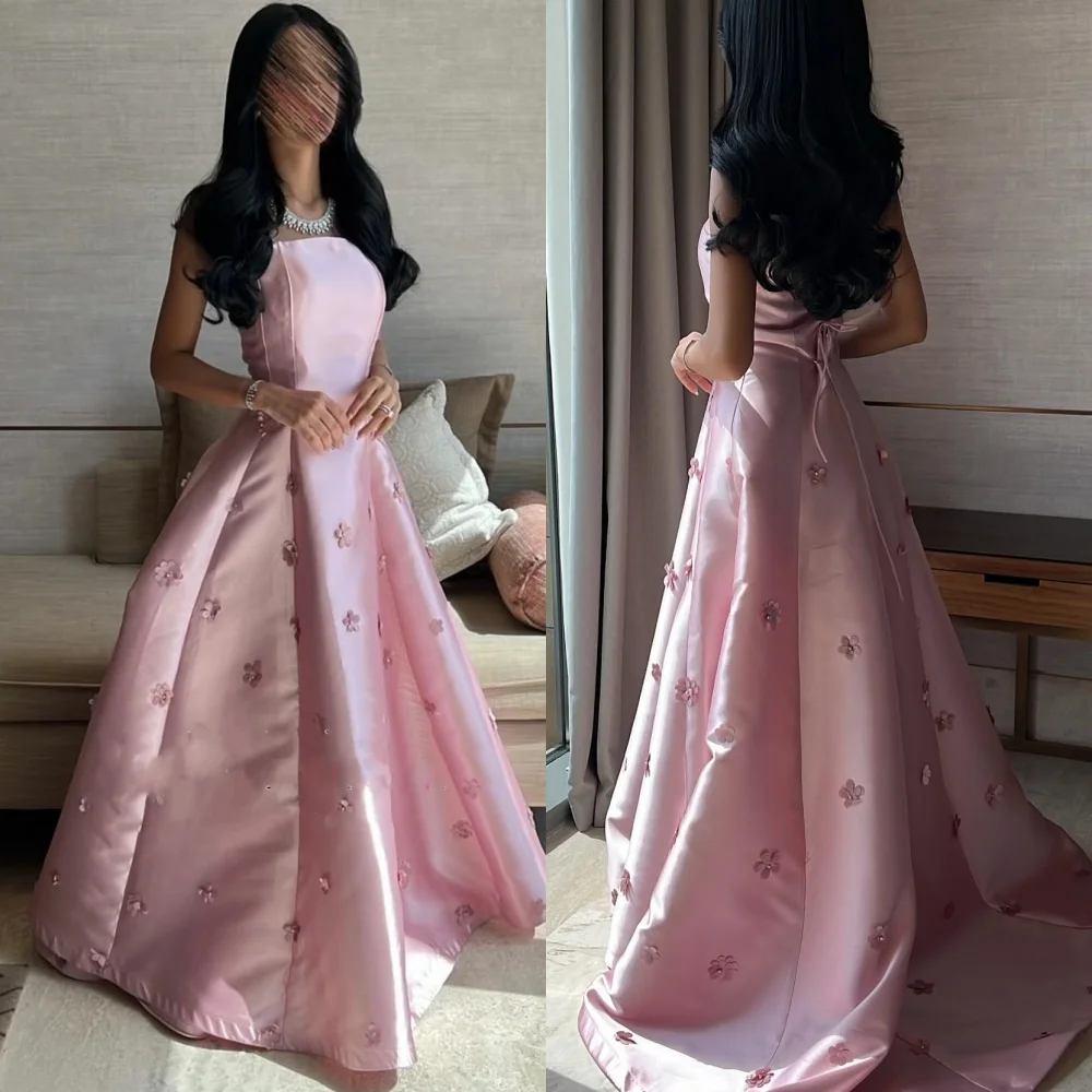 

Customized Satin Sequined Flower Ruched Graduation A-line Strapless Bespoke Occasion Gown Long Dresses