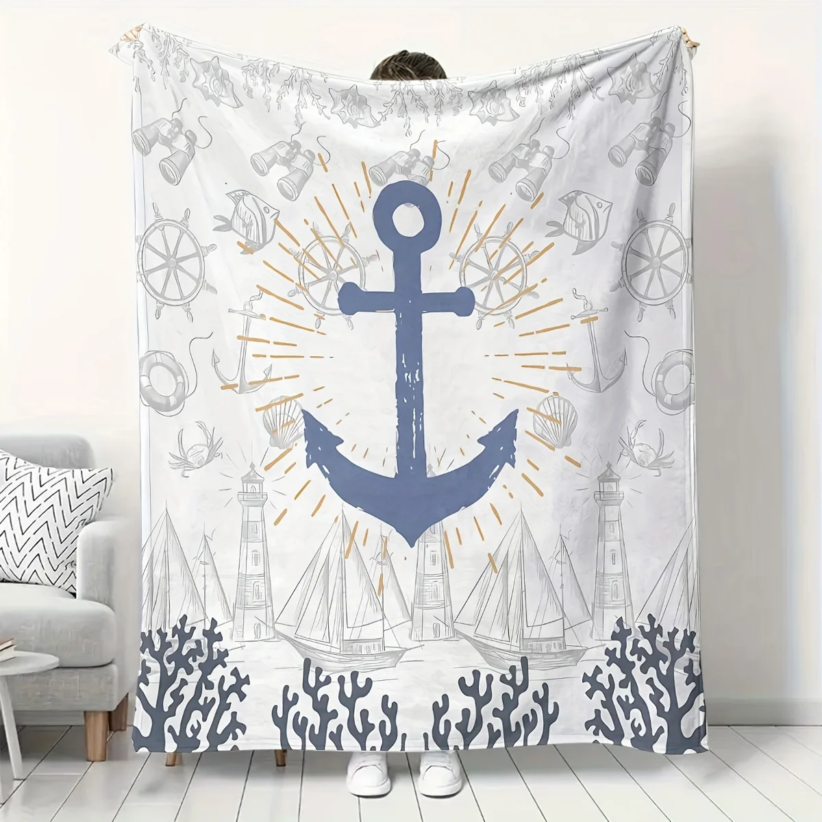 

1pc Vintage nautical anchor pattern print blanket, polyester fabric, machine washable, suitable for bedroom living room