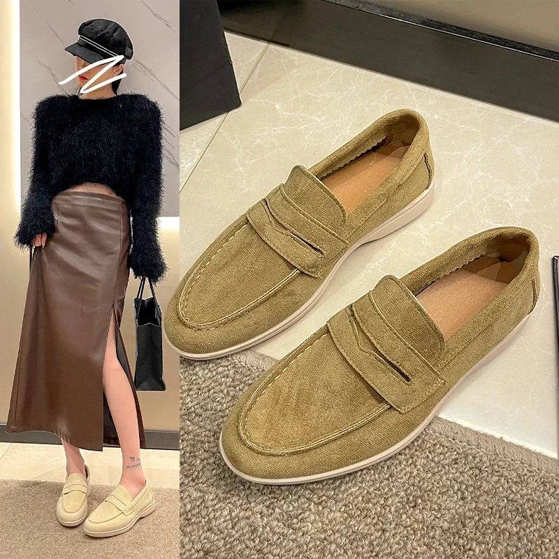 Women Flat Shoes Khaki Suede Summer Walk Shoes Slip-on Lazy Loafers Causal Moccasin Comfortable Mules Driving Shoes 2024