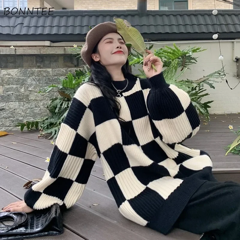 Pullovers Women Checkerboard Thickened Mid-length Cozy All-match Korean Fashion Prevalent Ins Autumn Winter Sweaters Ulzzang