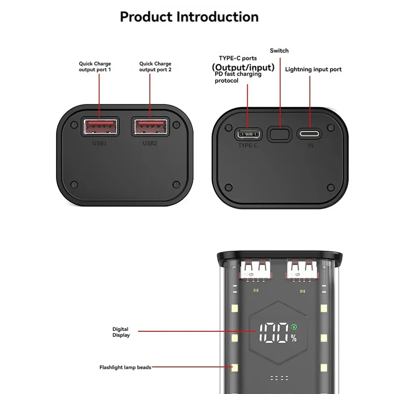 보조배터리 케이스 배터리 보관함, 야간 조명, 듀얼 USB 충전, DIY 쉘, 아이폰 샤오미 21700 배터리 보관함, 4*21700