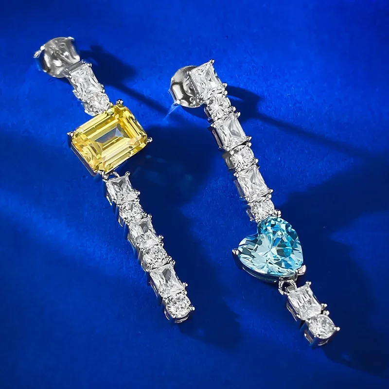 Pendientes de tira larga de color de contraste brillante europeo y americano, pendientes de amor azul marino de diamante amarillo, un par