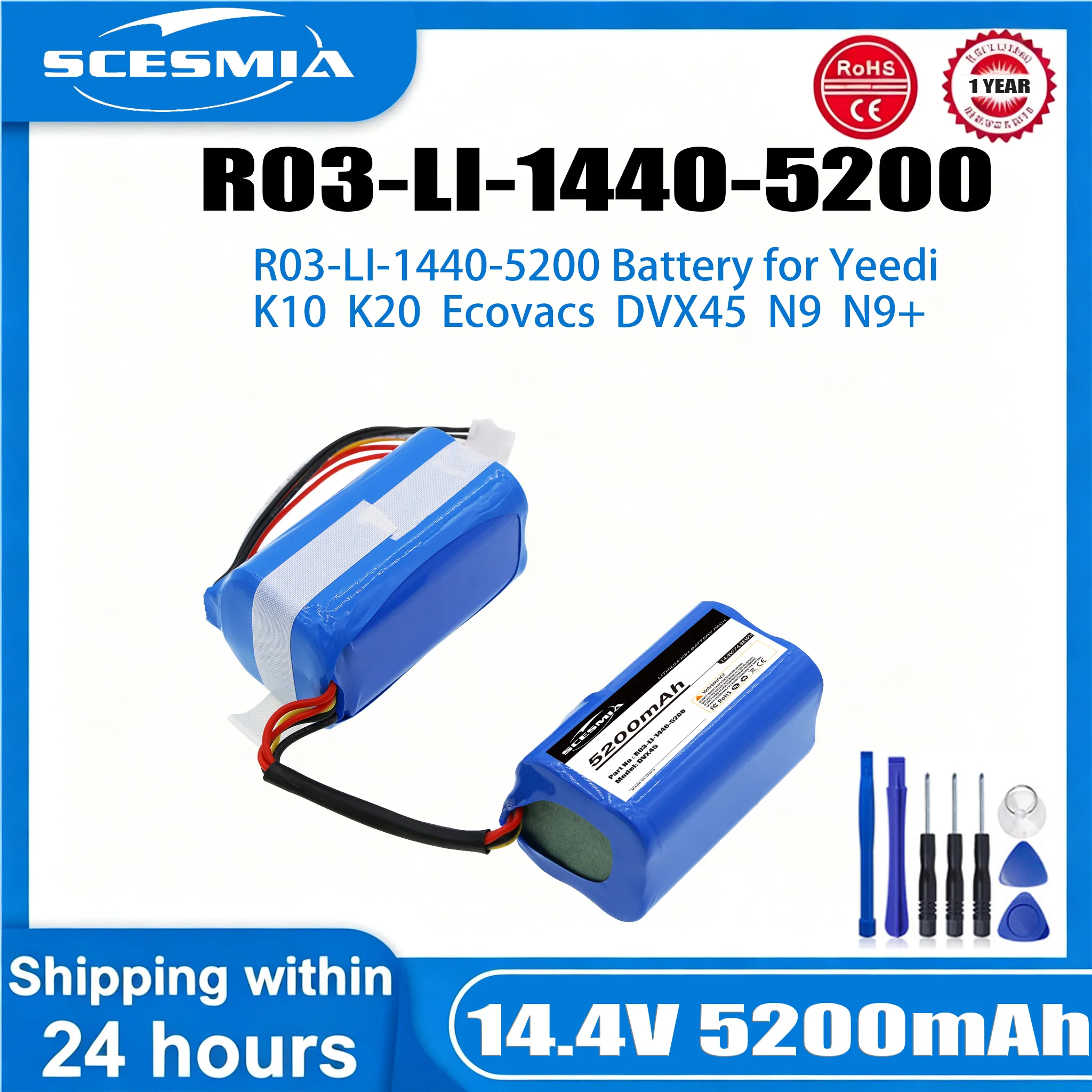 14.4V Replacement Battery Compatible with Ecovacs RC01-LI-1440-5200 DVX45 N9 N9+ Series Robot Vacuum Battery 5200mAh