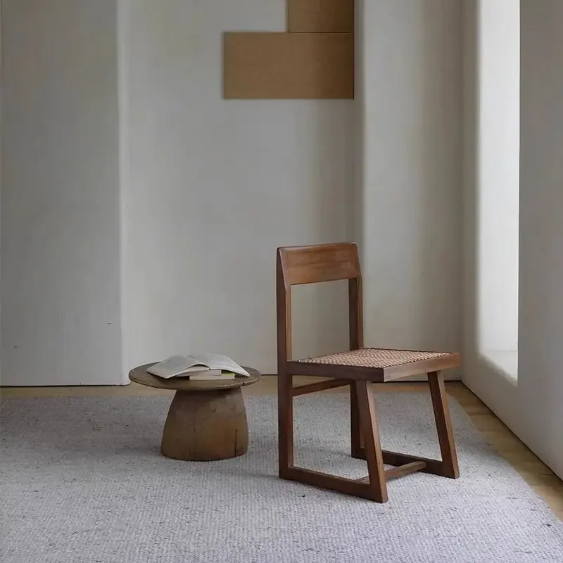 Wabi Sandy Wind Solid Wood Dining Chair Chandigarh Square Chair Medieval Furniture Rattan Backrest B & B Balcony Leisure
