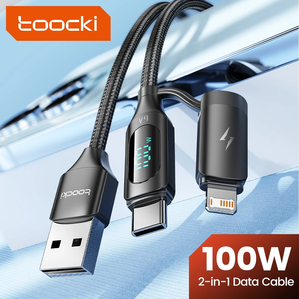 Toocki 2-in-1 USB-zu-Lightning/USB-C-Kabel für iPhone, Samsung, Xiaomi, Huawei, 100W 6A Handy-Ladekabel, Datenkabel