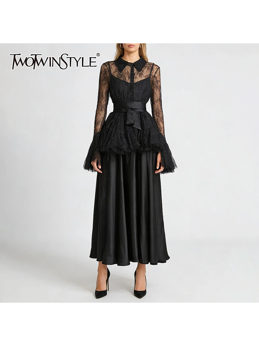 

TWOTWINSTYLE Elegant Two Piece Sets for Women Lapel Long Sleeves Sheer Spliced Lace Top Square Neck Sleeveless Dress Set Female