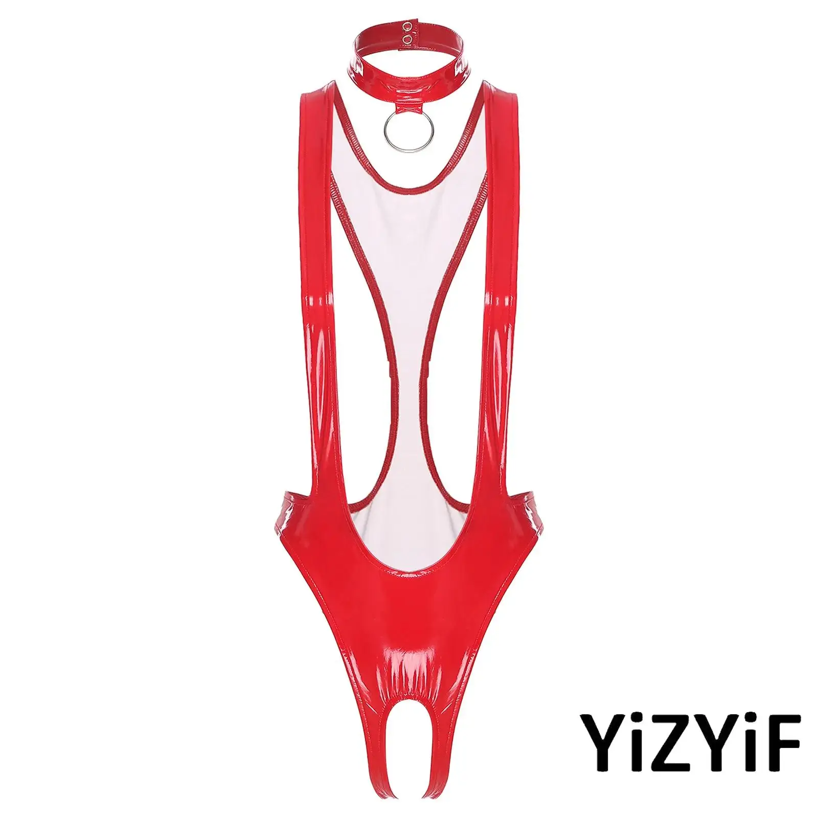 

Womens Glossy Patent Leather Bodysuit Choker Open Crotch Monokini sling Leotard Swimwear Necklace with O-ring Clubwear Nightwear