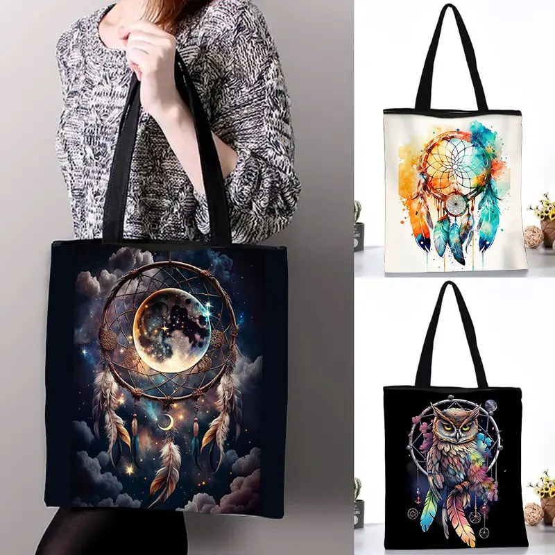 

3D Dream Catcher Pattern Shoulder Bag Women Totes Bags Dreamcatcher Owl Casual Handbag Eco Large Capacity Reusable Shopper Bags