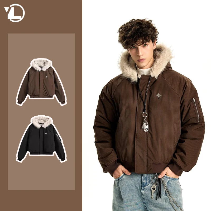 Winter American Street Hooded Parkas Mens New 2024 Thickened Trendy Fur Collar Cotton Jackets Warm Zipper Pocket Fluffy Coats