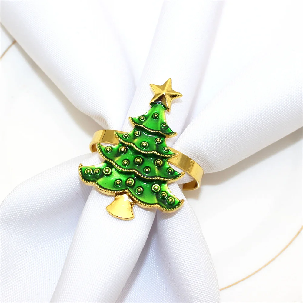 6Pcs Christmas Tree Jingle Bells Napkin Ring Set Rhinestone Bell Napkin Holder for Xmas Wedding Thanksgiving Party Table Decor