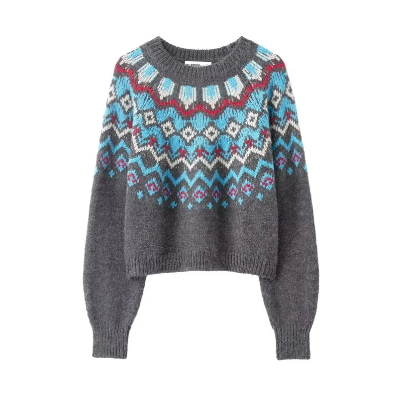 Women Jacquard Knitted Sweater Autumn Winter Round-neck Long Sleeve Sweater Casual Fashion Female Knitwear Pullovers