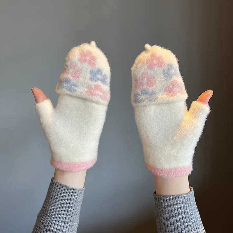 Guantes cálidos con solapa para mujer, guantes de medio dedo, lindos guantes de felpa sin dedos, Invierno para estudiantes