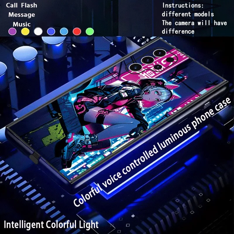 

Anime Cyber Cat Girl LED Phone Case For Samsung S26 S25 Ultra S24 S23 FE S22 S21 Temper Glass Call Glow Flash Protective Cover