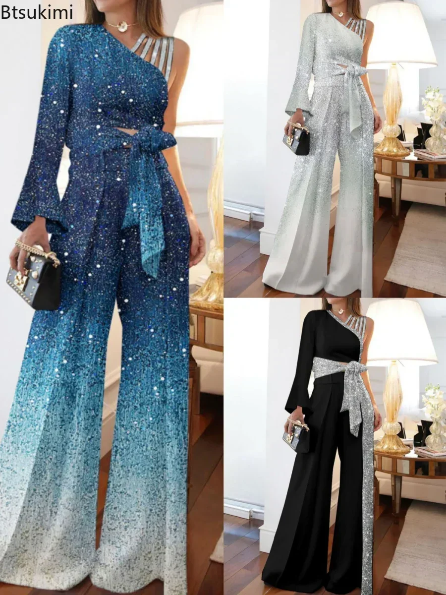 New 2024 Women\'s Elegant Jumpsuit Off-Shoulder High Waist Shiny Wide Leg Jumpsuits Overalls Female Streetwear Outfits with Belt