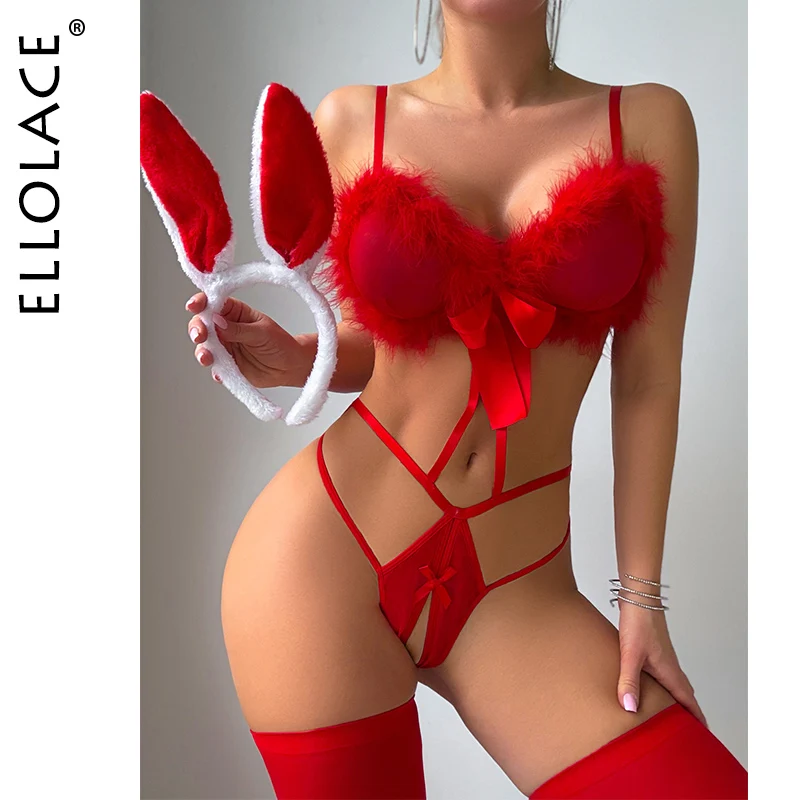 Ellolace عيد الحب الساخن الملابس الداخلية سيسي الأرنب مفتوحة المنشعب ارتداءها مع عقال والجوارب رومانسية رقيق الكرة ديكور جوفاء مجموعة #1