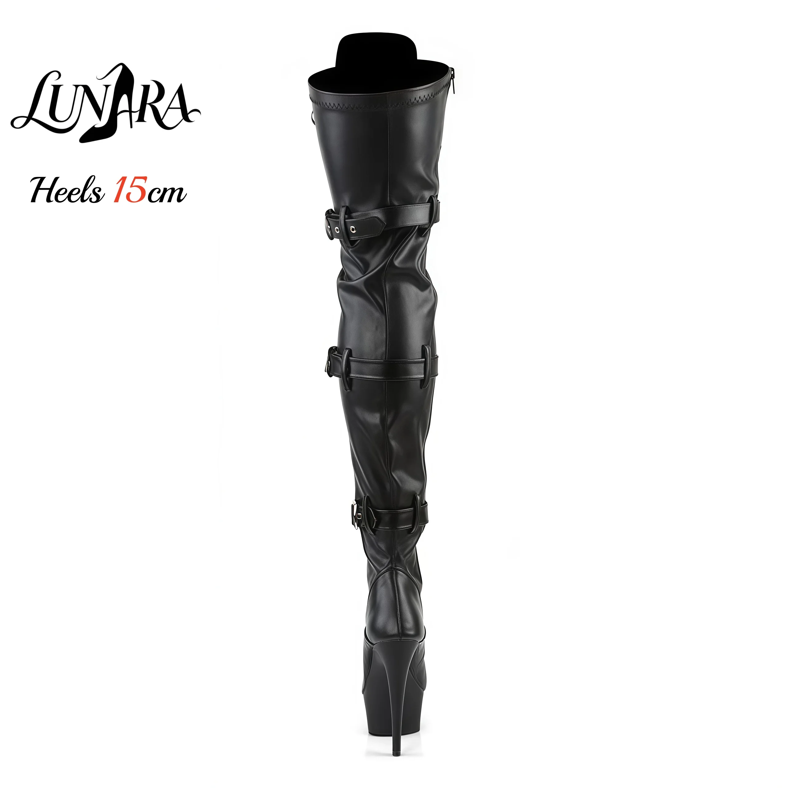 15cm/6Inch Black Patent Platform High Heel Thigh High Boots Lace-Up Buckle Zipper Non-slip Gothic Performance Pole Dance Ladies