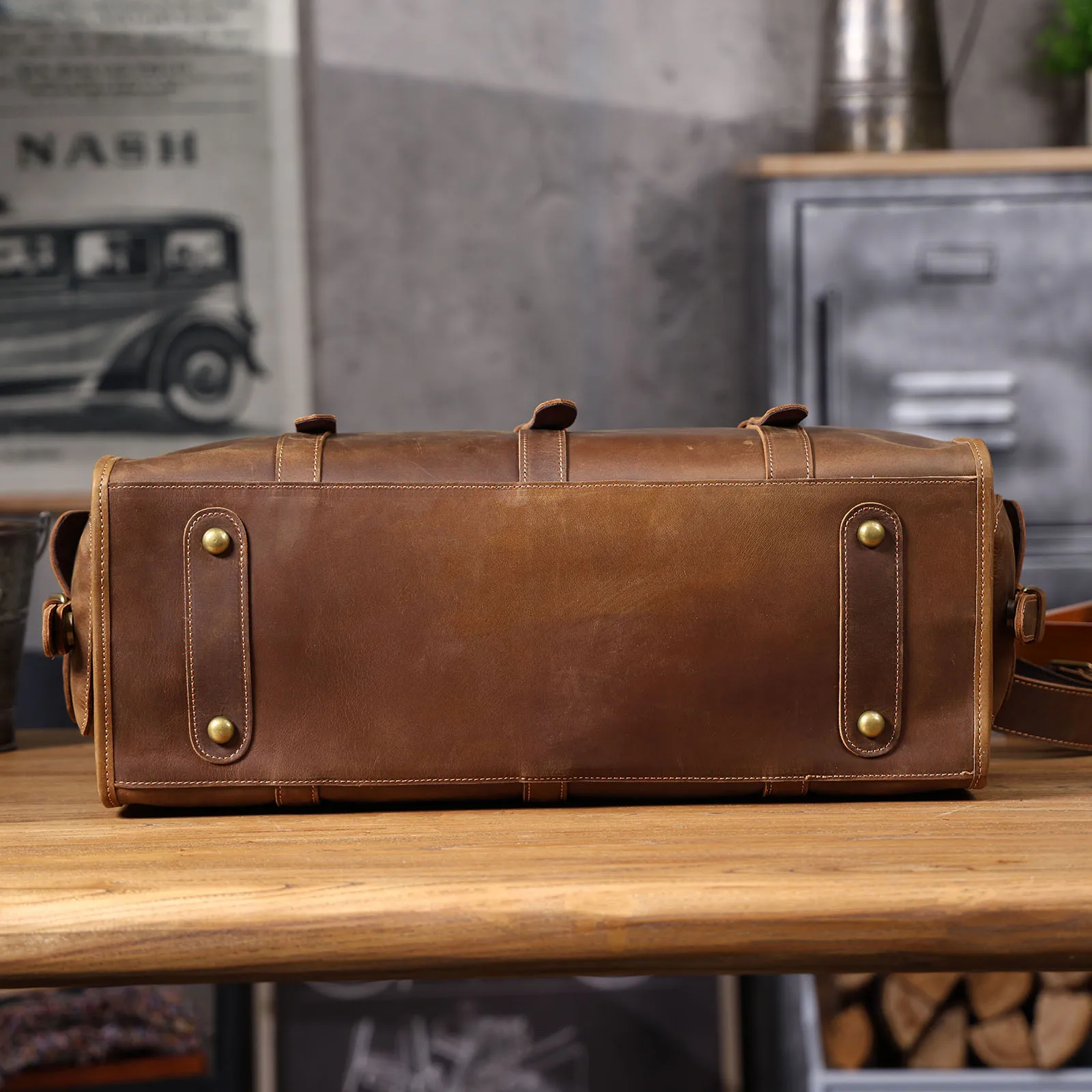 Vintage Echtleder-Reisetasche für Herren, Große Kapazität, Leder-Sporttasche, Klassischer Stil, Wochenendtasche, Übernachtungstasche – Detail 23